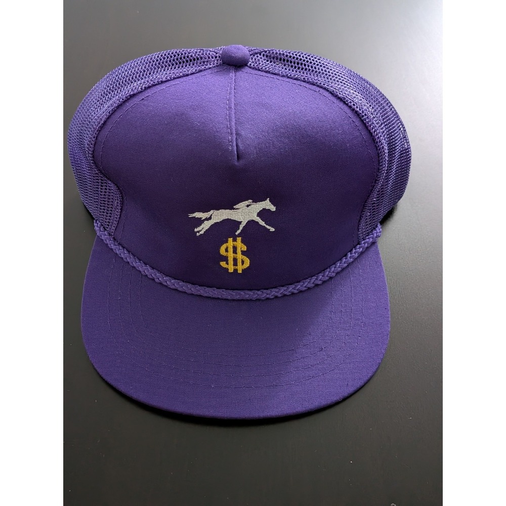 Vtg Horse Racing Dollar Sign Racer Snapback Hat Mesh Trucker Purple OSFM Yupoong